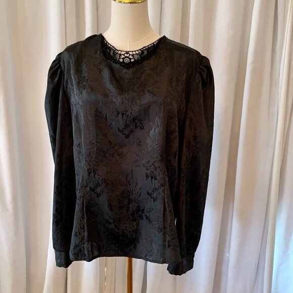 Vintage Tops - Vintage 80s Black Satin Floral Brocade Blouse Lace Neckline Puff Long Sleeve XL